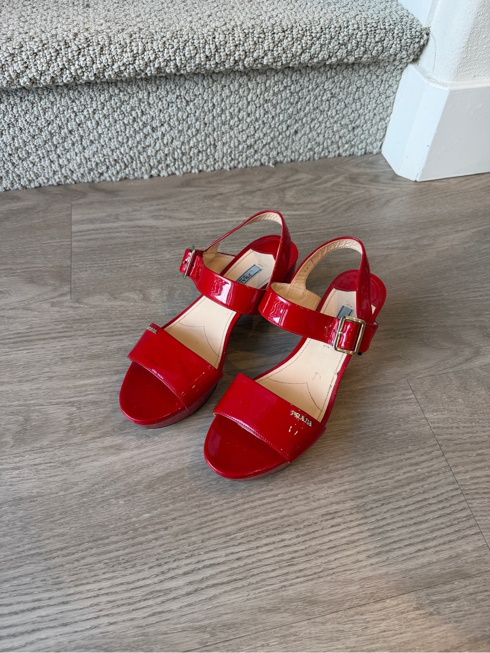 Prada Red Patent Slingback Sandals with Gold Buckles